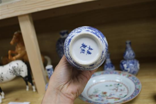 Two pairs of blue and white Chinese vases, two others and a dish tallest 23cm